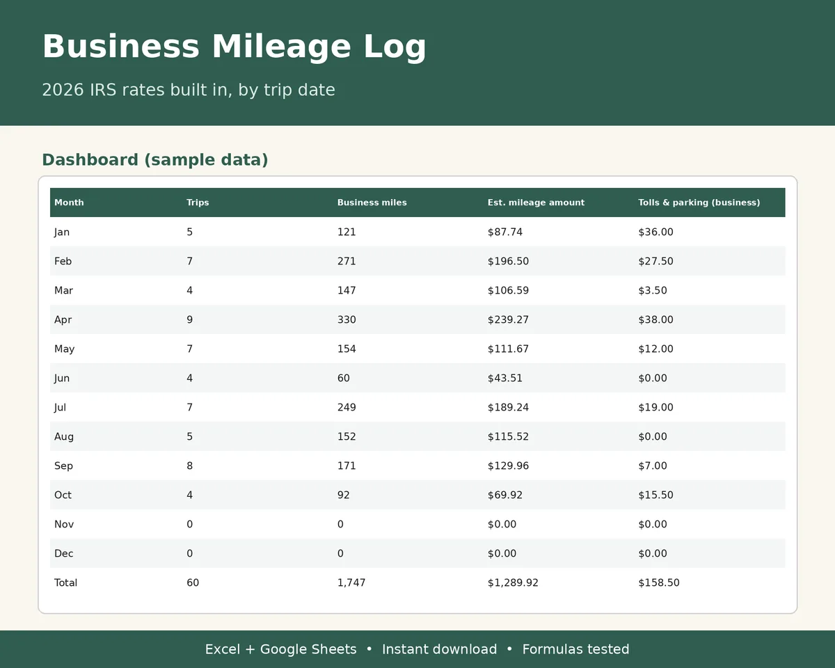 Business Mileage Log (2026 IRS rates) preview